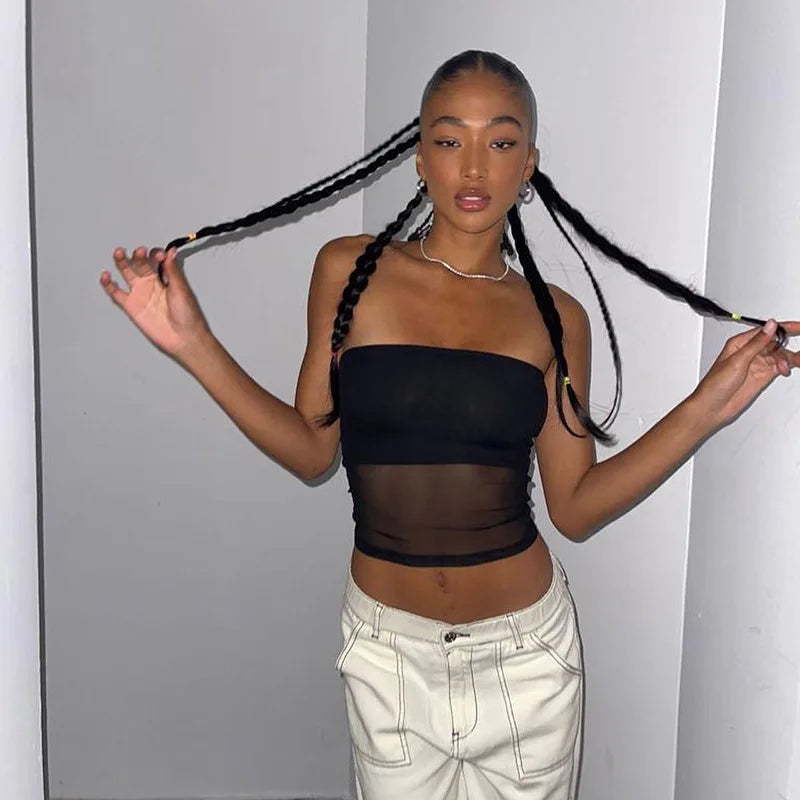 Y2K Mesh Strapless Crop Top 🕸️