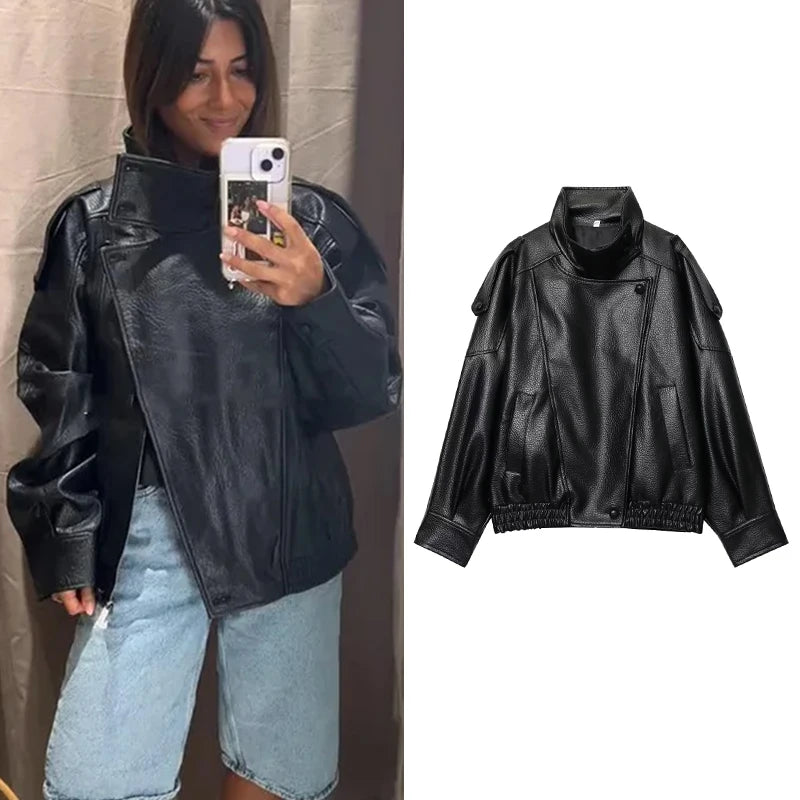 TFMLN Chic Black Faux Leather Jackets Women