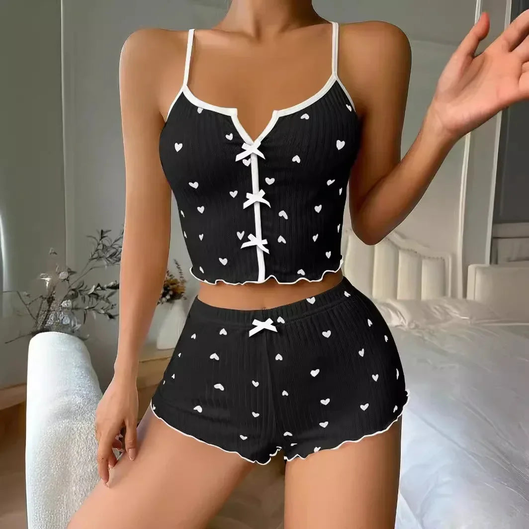Heart Print Ribbed Pajama Set 🧡