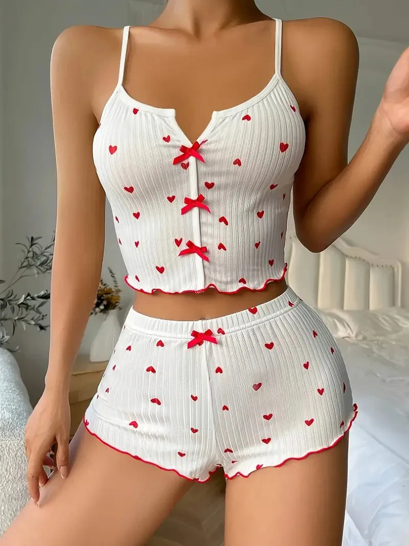 Heart Print Ribbed Pajama Set 🧡