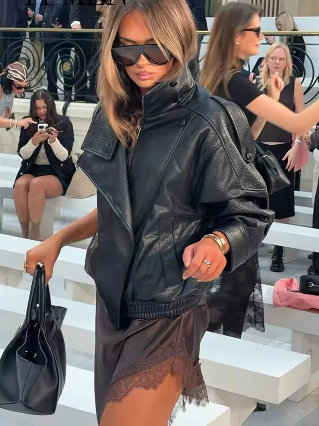 TFMLN Chic Black Faux Leather Jackets Women