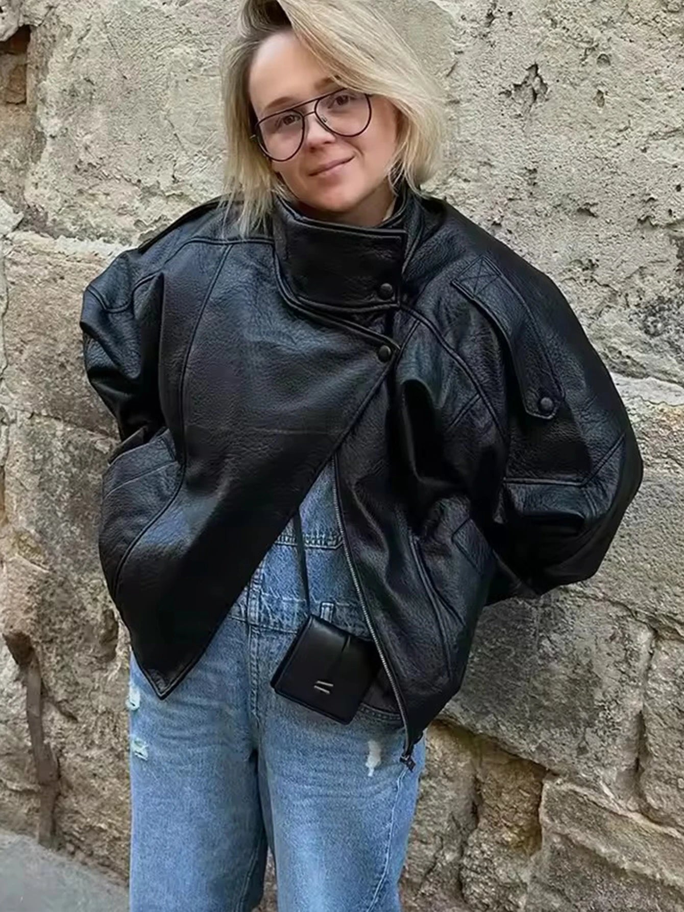 TFMLN Chic Black Faux Leather Jackets Women