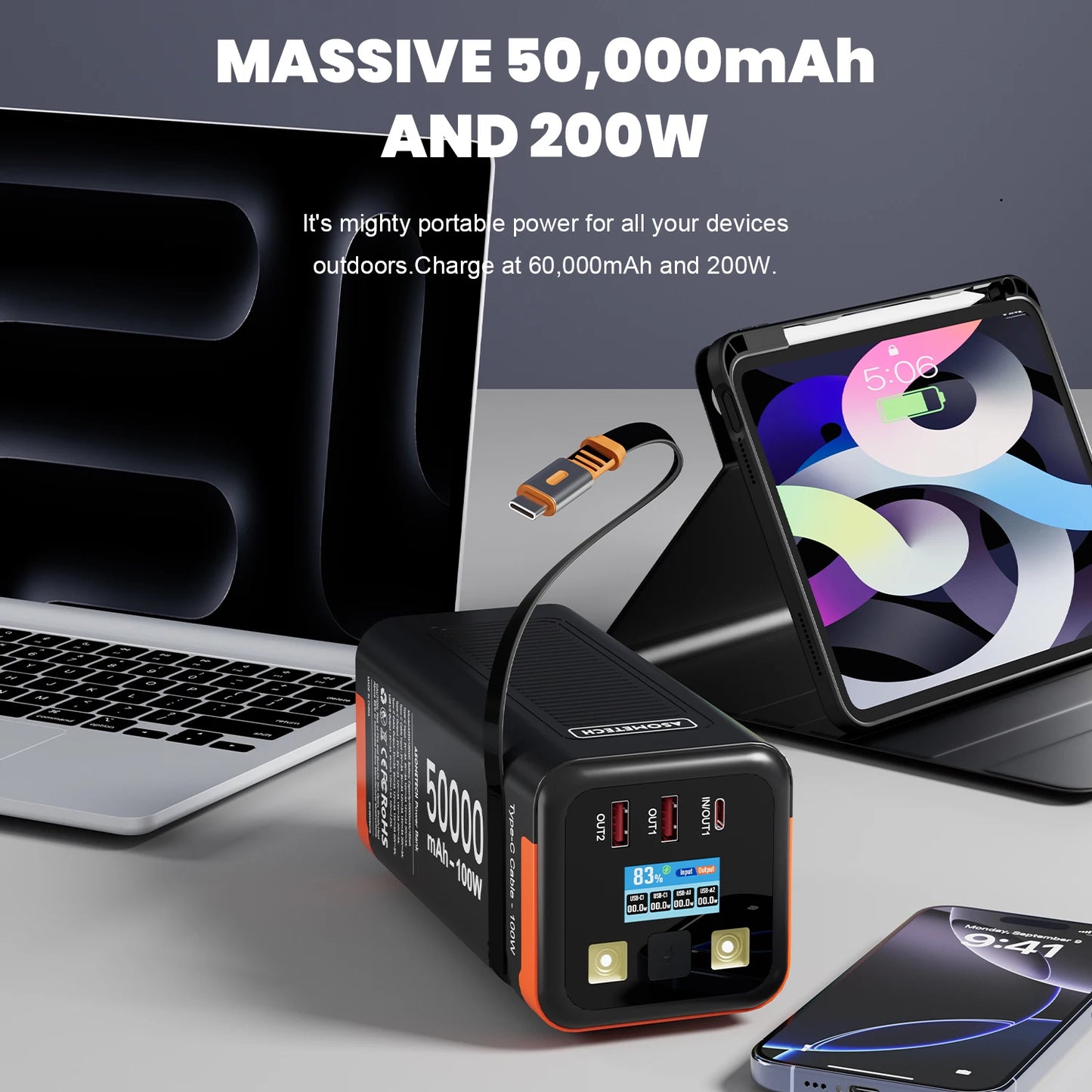 Power Bank 50000mAh 100W PD PPS Super Fast Charging Portable Spare Battery Type-C Retractable Cable Powerbank For Phone Laptop