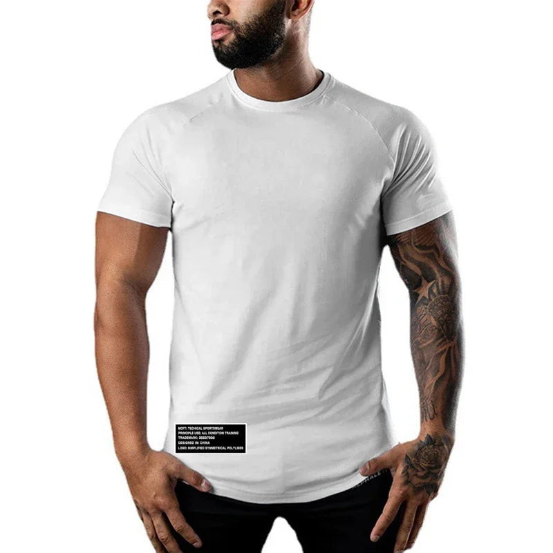 Men Gym Sport Shirts Summer Cotton Breathable Slim Fit Muscle Clothing Casual Fitness Workout Short Sleeve Crew neck T -Shirts