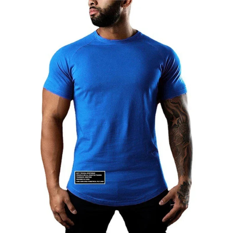 Men Gym Sport Shirts Summer Cotton Breathable Slim Fit Muscle Clothing Casual Fitness Workout Short Sleeve Crew neck T -Shirts