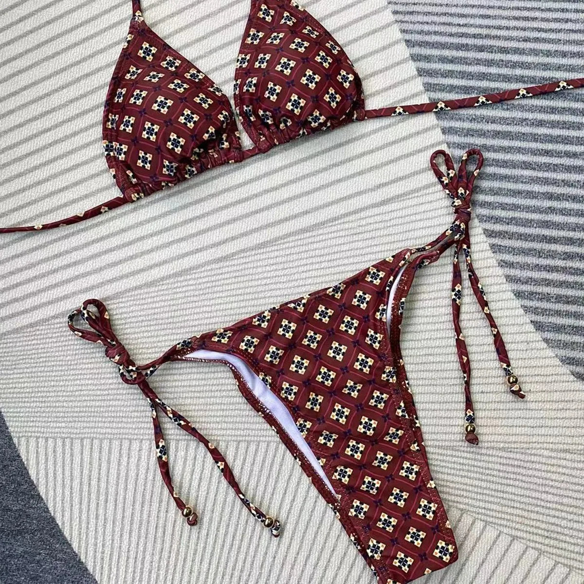 New 2026 Women's Micro Bikini Set Brown Print 2 Pieces Swimsuit Sexy Halter Lace-up Backless String Low Waist Biquinis