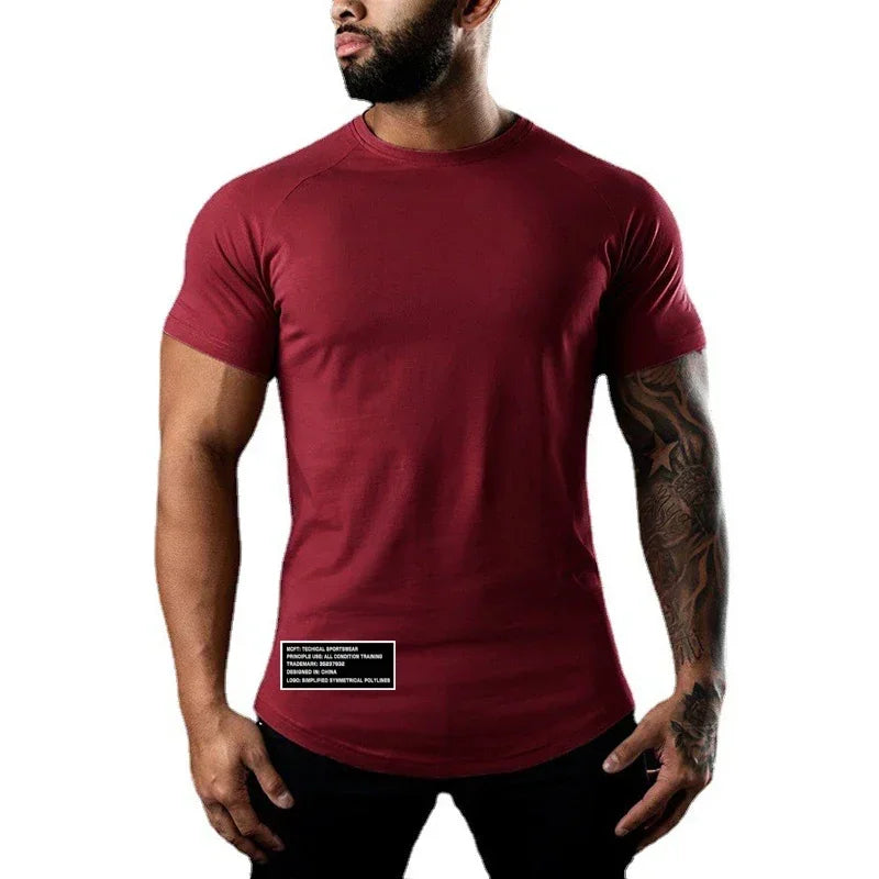 Men Gym Sport Shirts Summer Cotton Breathable Slim Fit Muscle Clothing Casual Fitness Workout Short Sleeve Crew neck T -Shirts