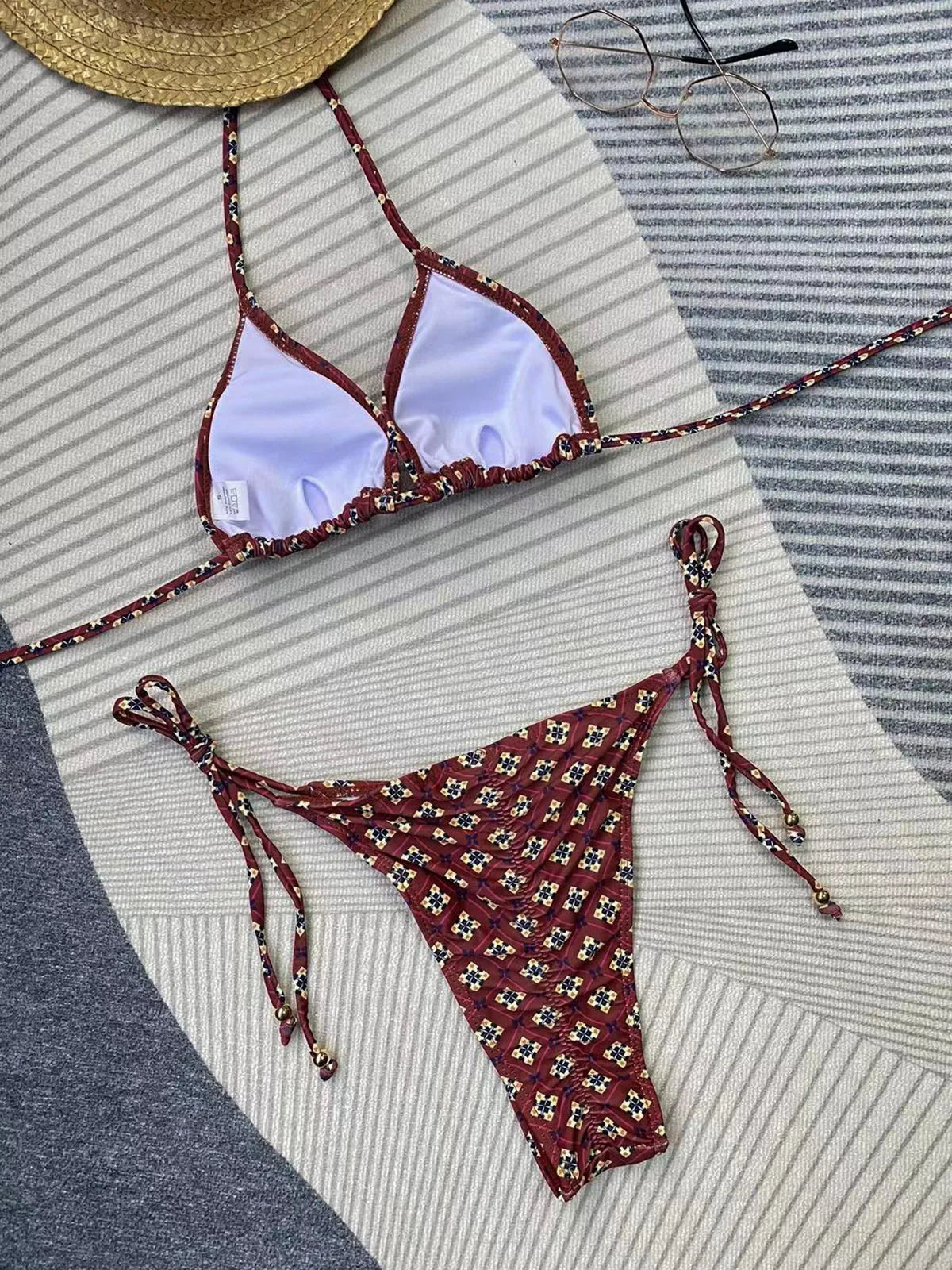 New 2026 Women's Micro Bikini Set Brown Print 2 Pieces Swimsuit Sexy Halter Lace-up Backless String Low Waist Biquinis