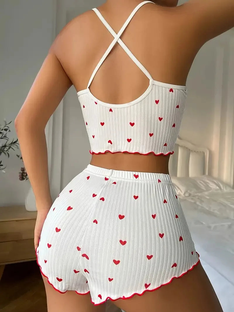 Heart Print Ribbed Pajama Set 🧡